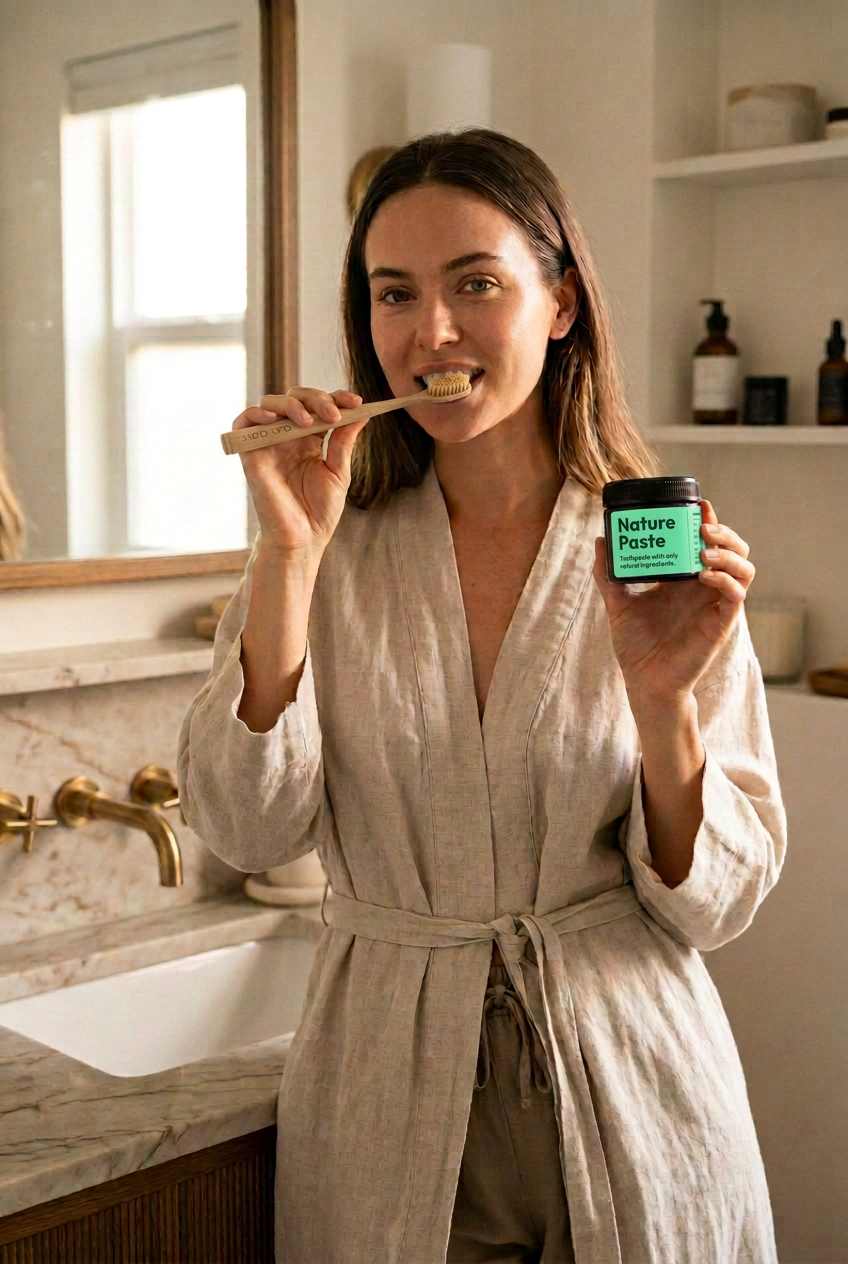 Woman brushing with a jar of Nature Paste wearing the spearmint-green label
