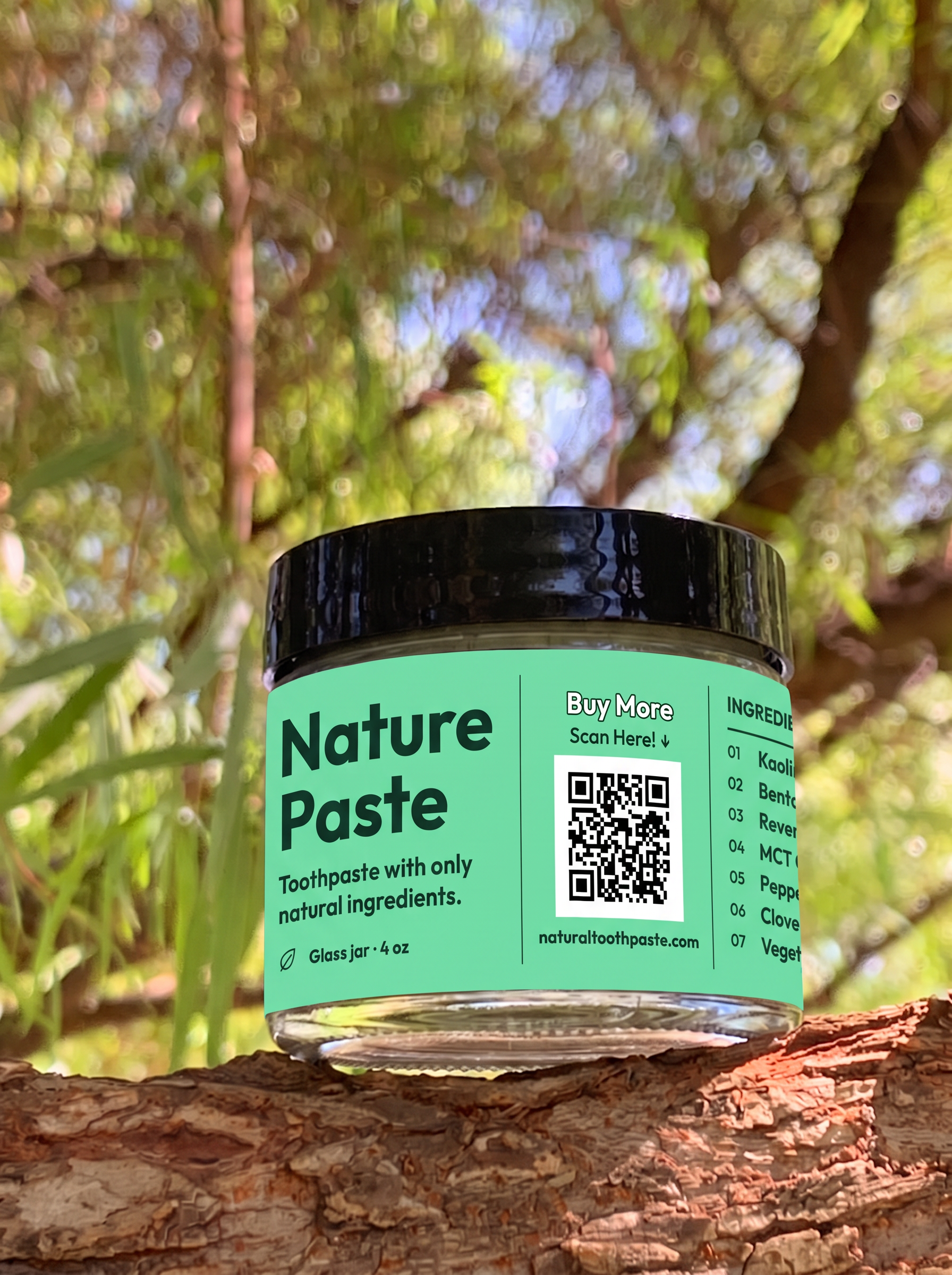 Nature Paste glass jar outdoors with its spearmint-green label